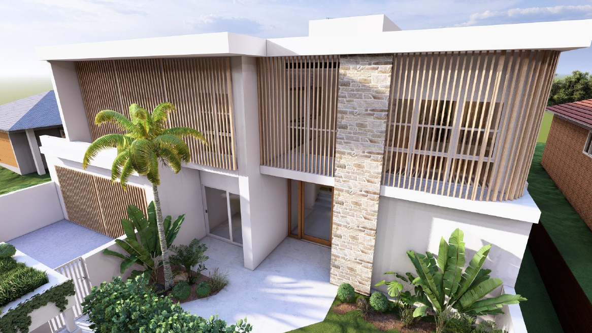 3D Render of a home created in the Coastal Mediterranean/Palm Springs design style.